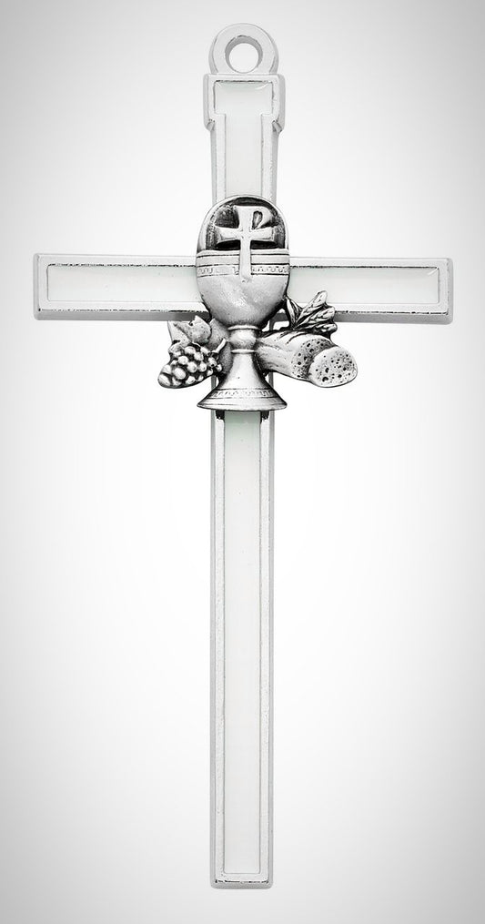 Cruz de Primera Comunión blanca con cáliz 5,5"