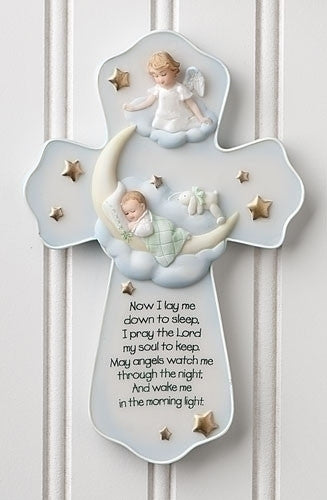 A 7-inch angel wall cross made of resin and stone, featuring an angel sleeping on a cross with stars and a crescent moon around it, with a quote about sleeping and watching over someone.