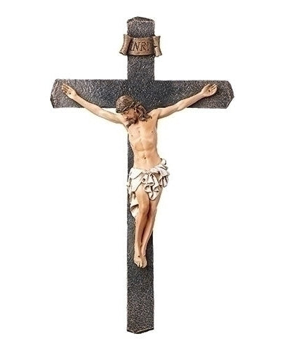 A black crucifix made of resin and stone, featuring an image of a person being crucified on a cross with a black background.