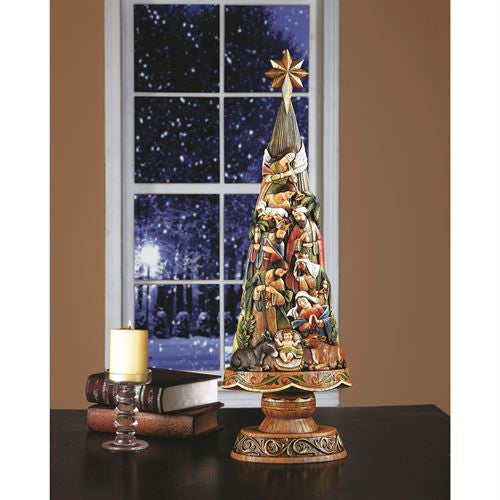 Carved Nativity Christmas Tree Statue 30"