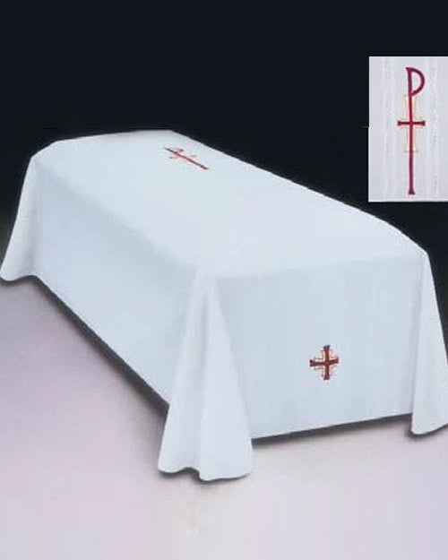 A white funeral pall with the traditional chi-rho chrisogram and a multi-coloured Greek cross on it, laid out on a plain background.