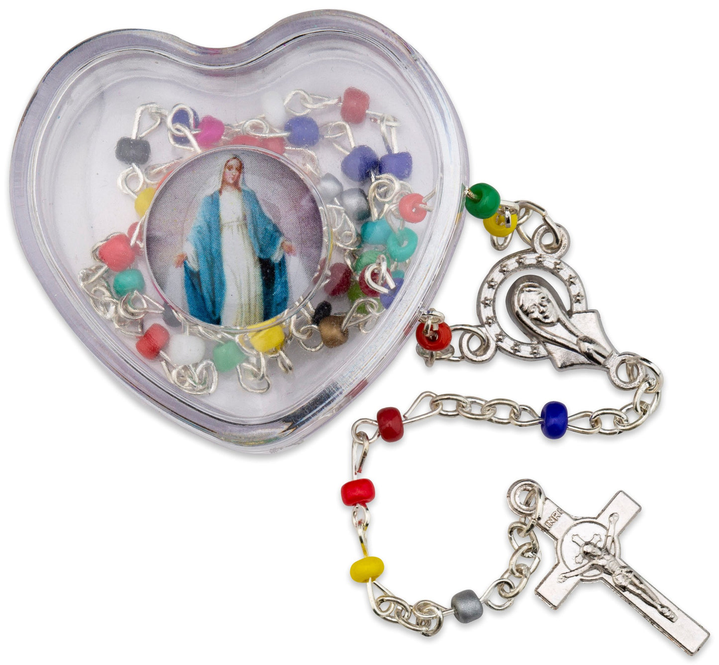 A multi-colored metal rosary with silver tone metal accents, displayed in a clear plastic heart-shaped box with a picture of Our Lady of Grace on top. The rosary beads are visible outside the box, attached to a cross.