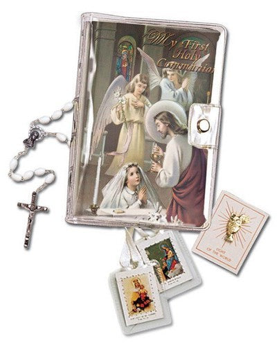A vinyl wallet set for children's first communion, featuring a mass book with gold stamping, illustrations, a rosary chalice, a lapel pin, and a scapular.