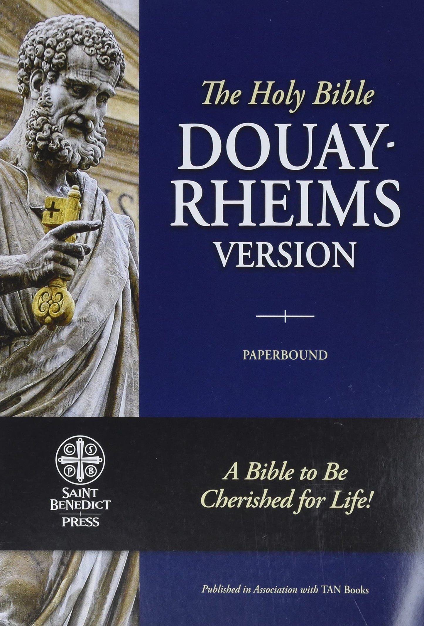 The cover of the Douay Rheims Bible Paperback featuring a statue of a man holding a book, with the title and subtitle 'A Bible to Be Cherished for Life!' displayed.