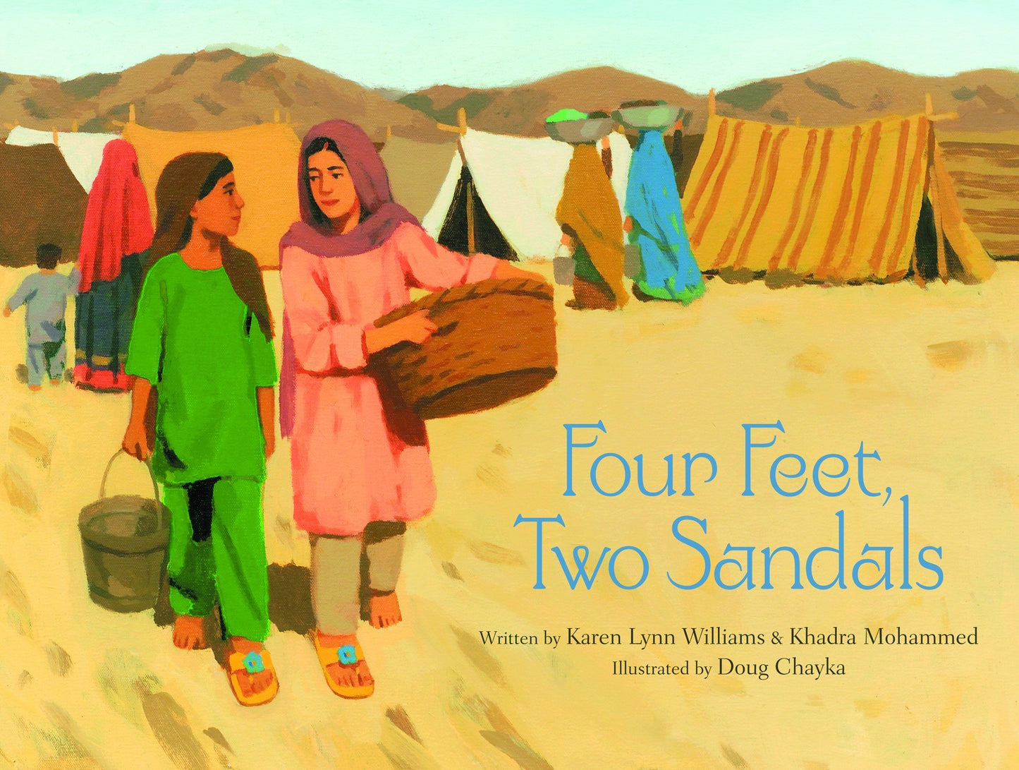 Illustration of two girls standing in front of refugee tents, with one girl holding a basket and the other wearing a sandal.