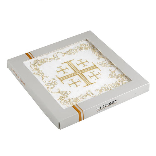 Juego de regalo de lino con cruz de Jerusalén en blanco y dorado