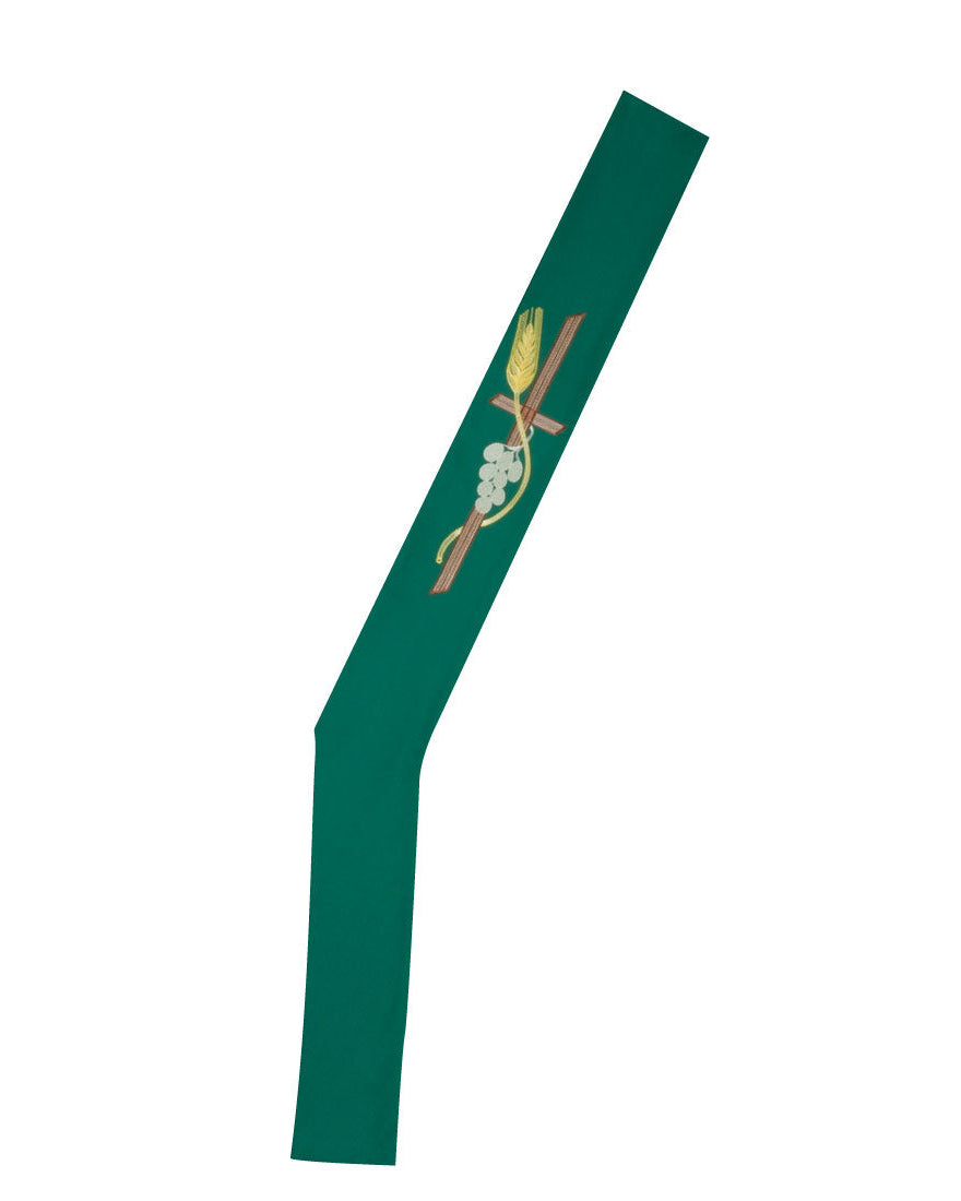 A green deacon stole with a white design on the front.