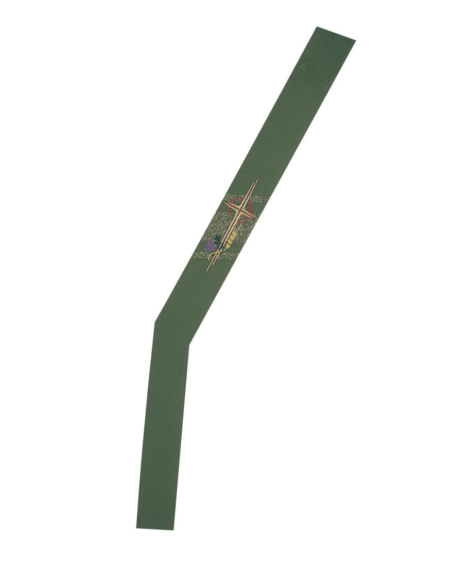 A green deacon stole with a decorative design on the front, lying on a plain background.
