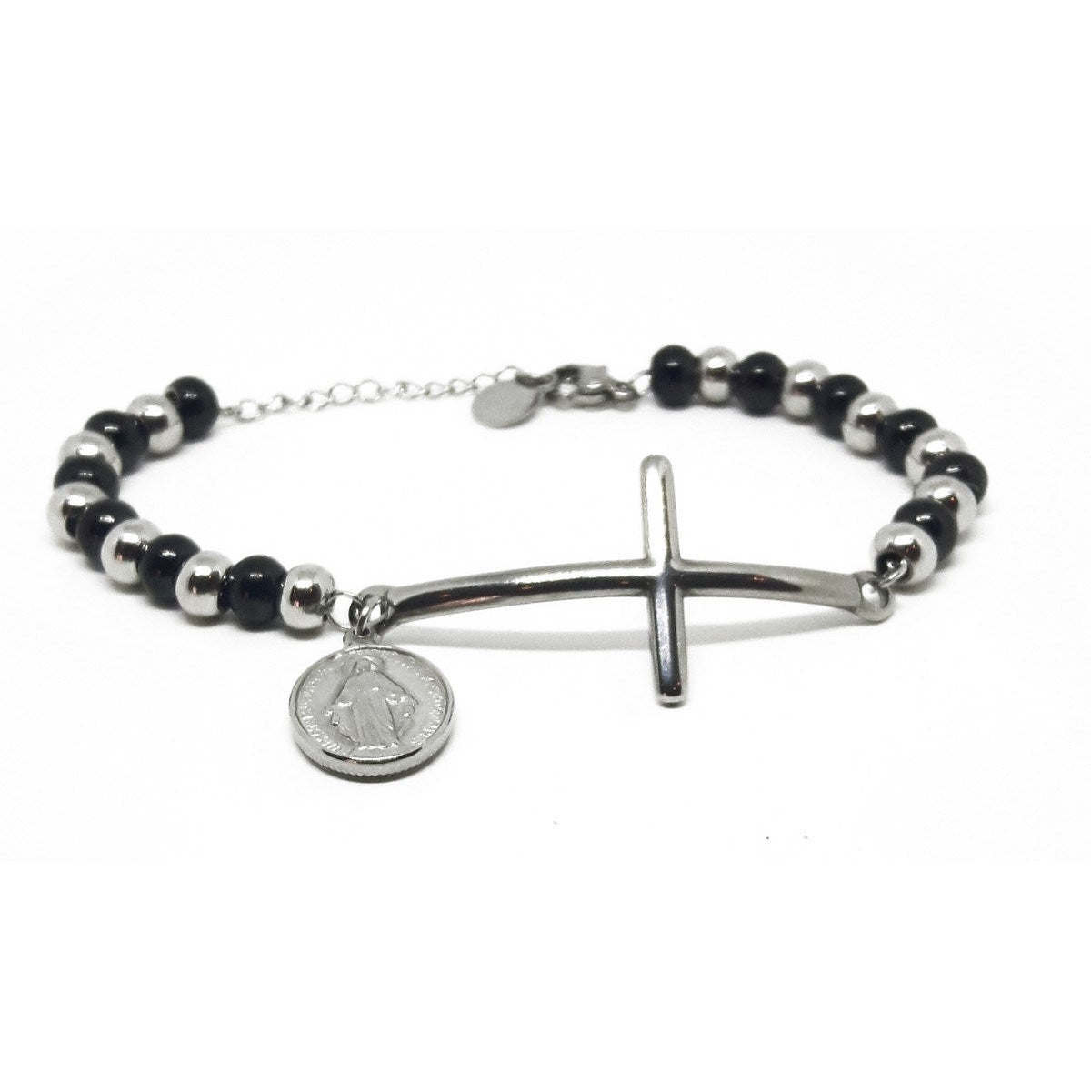 A hematite bracelet with silver beads and a silver-tone metal cross and clasp.