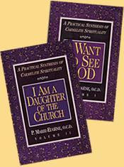 Two book volumes with purple covers, titled 'I Want to See God' and 'I Am a Daughter of the Church', by Pere Marie-Eugene, O.C.