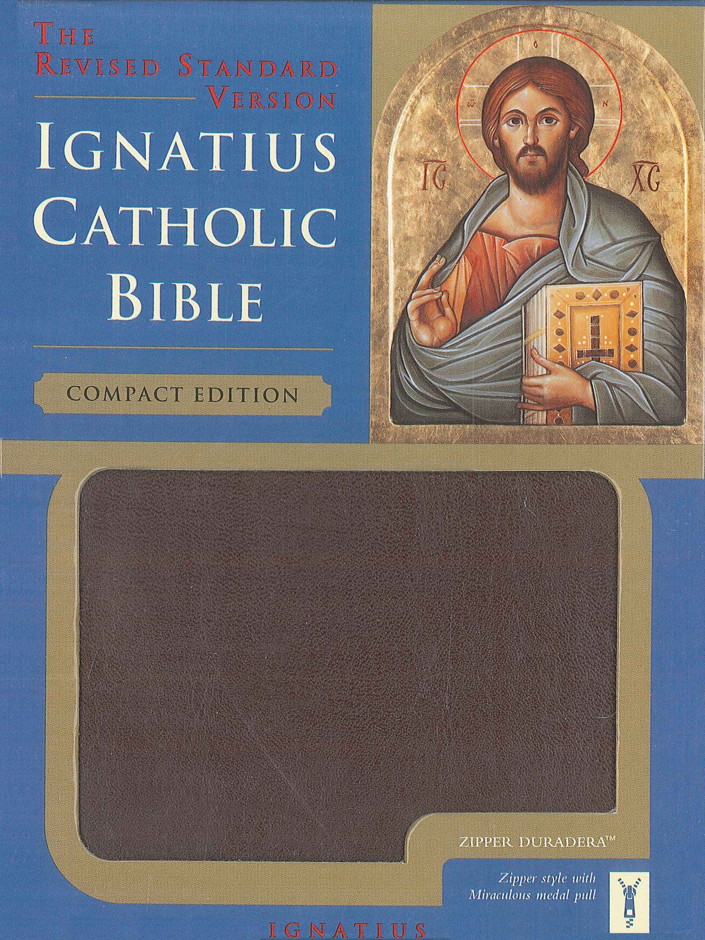 Compact edition of the Ignatius Catholic Bible with a burgundy zipper cover, featuring an image of Jesus Christ on the front, and a presentation page visible inside.