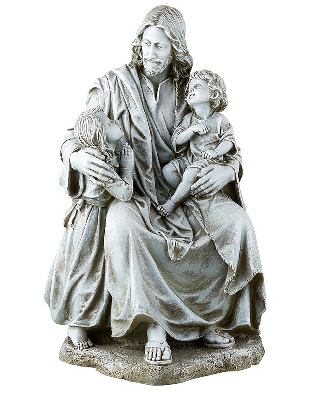 A statue of Jesus with children, made of resin, depicting a serene scene suitable for garden decoration.