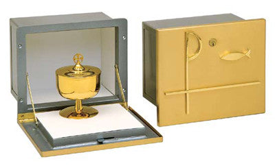 A stainless steel tabernacle safe with a bronze face, shown both closed and open, displaying a golden chalice and cross.