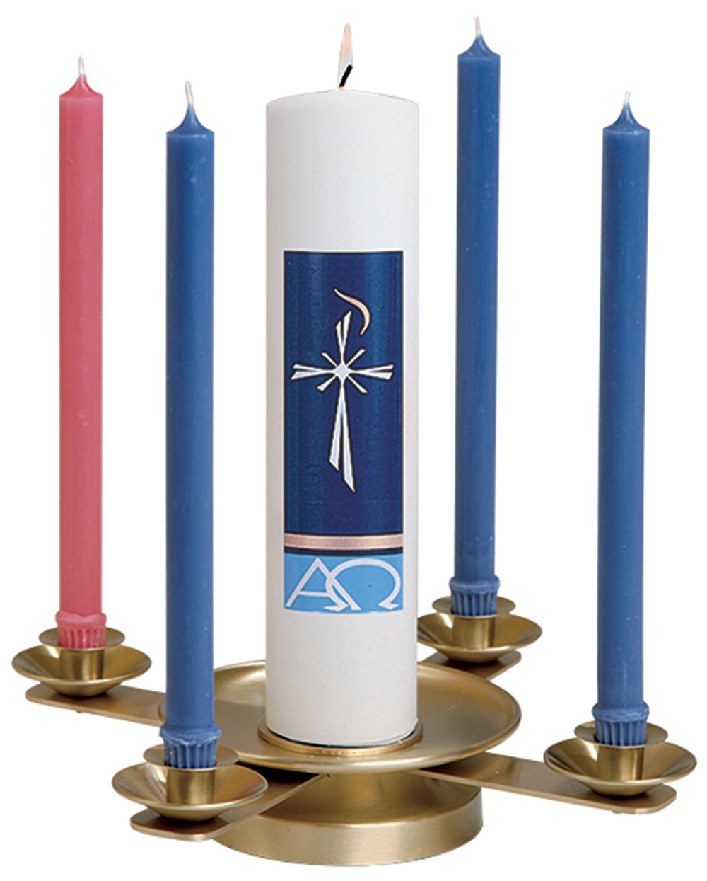 A brass advent wreath with three blue candles and one pink candle, arranged on the wreath.