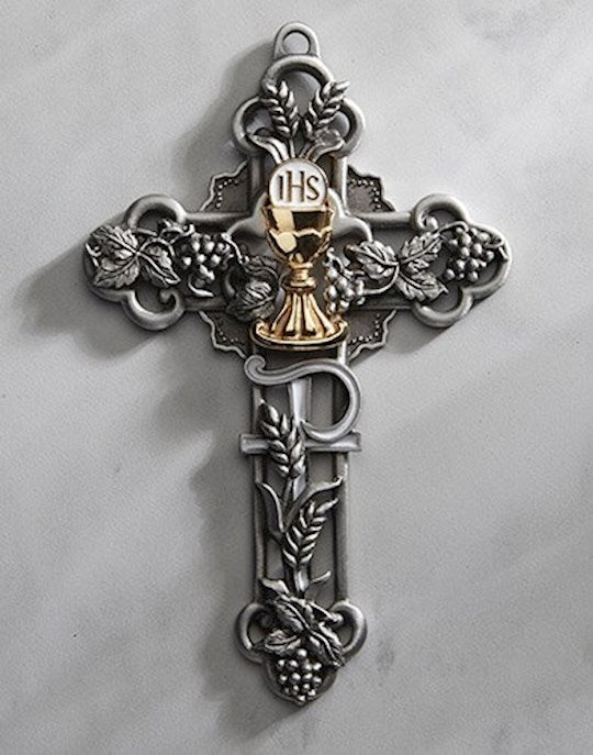 A 5-inch metal wall cross with enamel accents, featuring the "IHS" symbol and decorative elements.