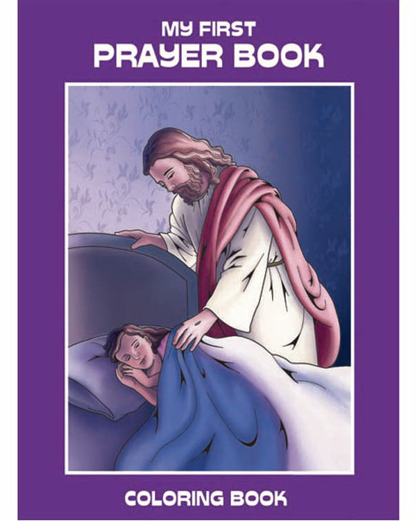 Cover of 'My First Prayer Book Colouring Book' featuring an illustration of a person praying over a child.