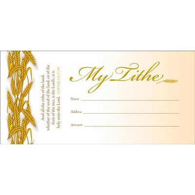 A tithe envelope with a decorative design that includes wheat and a title 'My Tithe' along with spaces for name, address, and amount given.