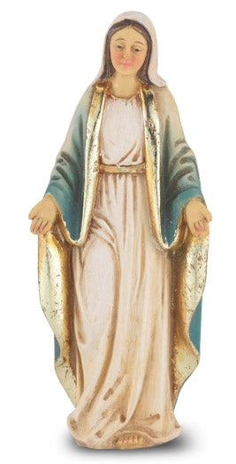 A statue of Our Lady of Grace with a gold leaf accent on her robe, standing 3.5 inches tall.