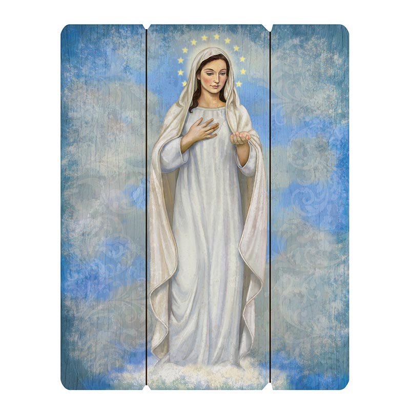 A wood pallet sign featuring an image of the Virgin Mary with a blue background.