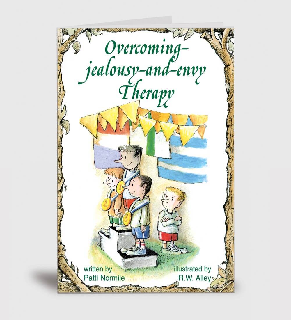 Cover of a self-help book titled 'Overcoming jealousy-and-envy Therapy', showing an illustration of two adults and three children with umbrellas, books, and a megaphone.