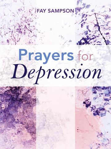 Book cover for 'Prayers for Depression' by Fay Sampson featuring a blurred image of a tree with branches and leaves in purple hues, with the title and author's name at the top.