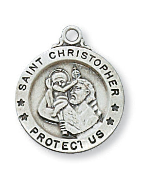 A sterling silver St. Christopher medal with 'SAINT CHRISTOPHER PROTECT US' inscribed around the edge, attached to a rhodium chain.
