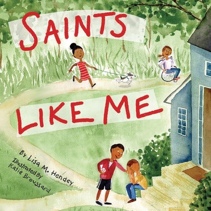 Cover of the board book 'Saints Like Me' by Lisa M. Hendey, featuring illustrations of children engaging with nature and each other in a community setting.
