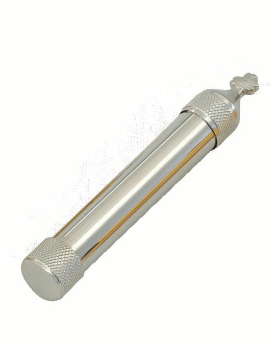 A silver-colored holy water sprinkler with a textured area and a top part that appears to be for gripping or holding.