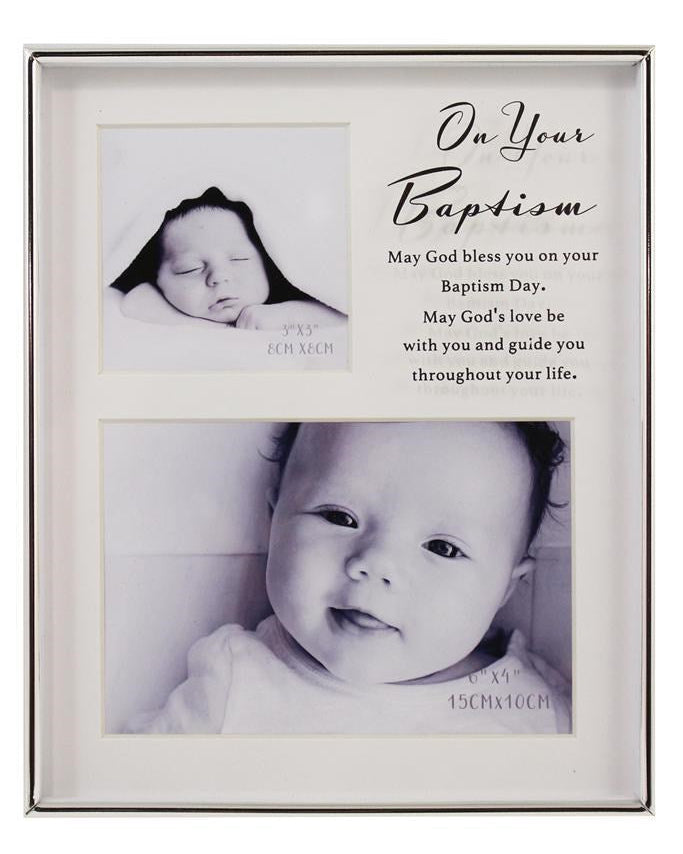 A silver-plated collage picture frame with two images visible, designed for baptism mementos, featuring scriptural blessings.