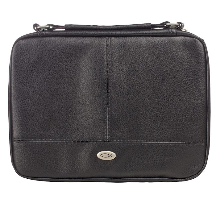 A black luxleather Bible cover with a cross emblem, featuring a zippered top, a handle, and pen loops.