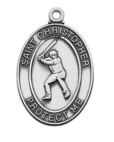 A sterling silver medal featuring an image of a baseball player with the text 'SAINT CHRISTOPHER PROTECT ME' around the edge.