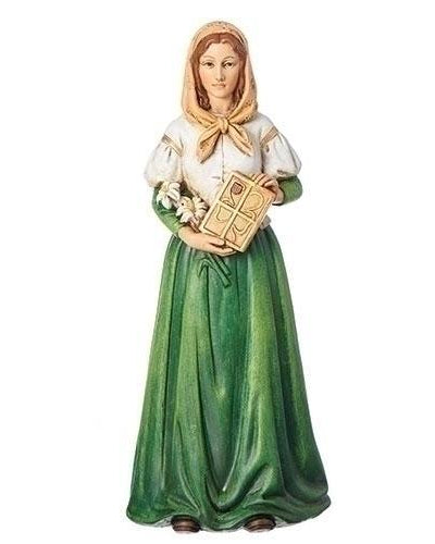 A statue of Saint Dymphna holding a book and flowers, with a green robe, white blouse, and brown scarf.