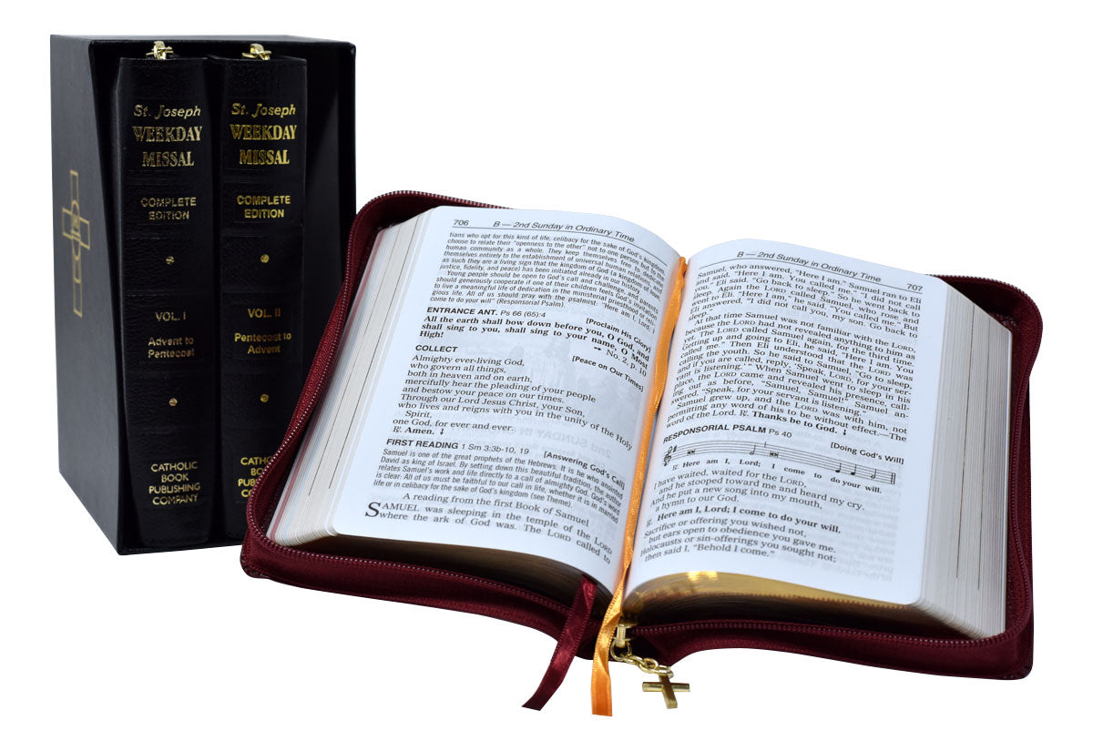 The image shows a three-volume set of the Saint Joseph Daily and Sunday Missal in a black, gold-embossed leather binding with zipper closures. One volume is open displaying text.