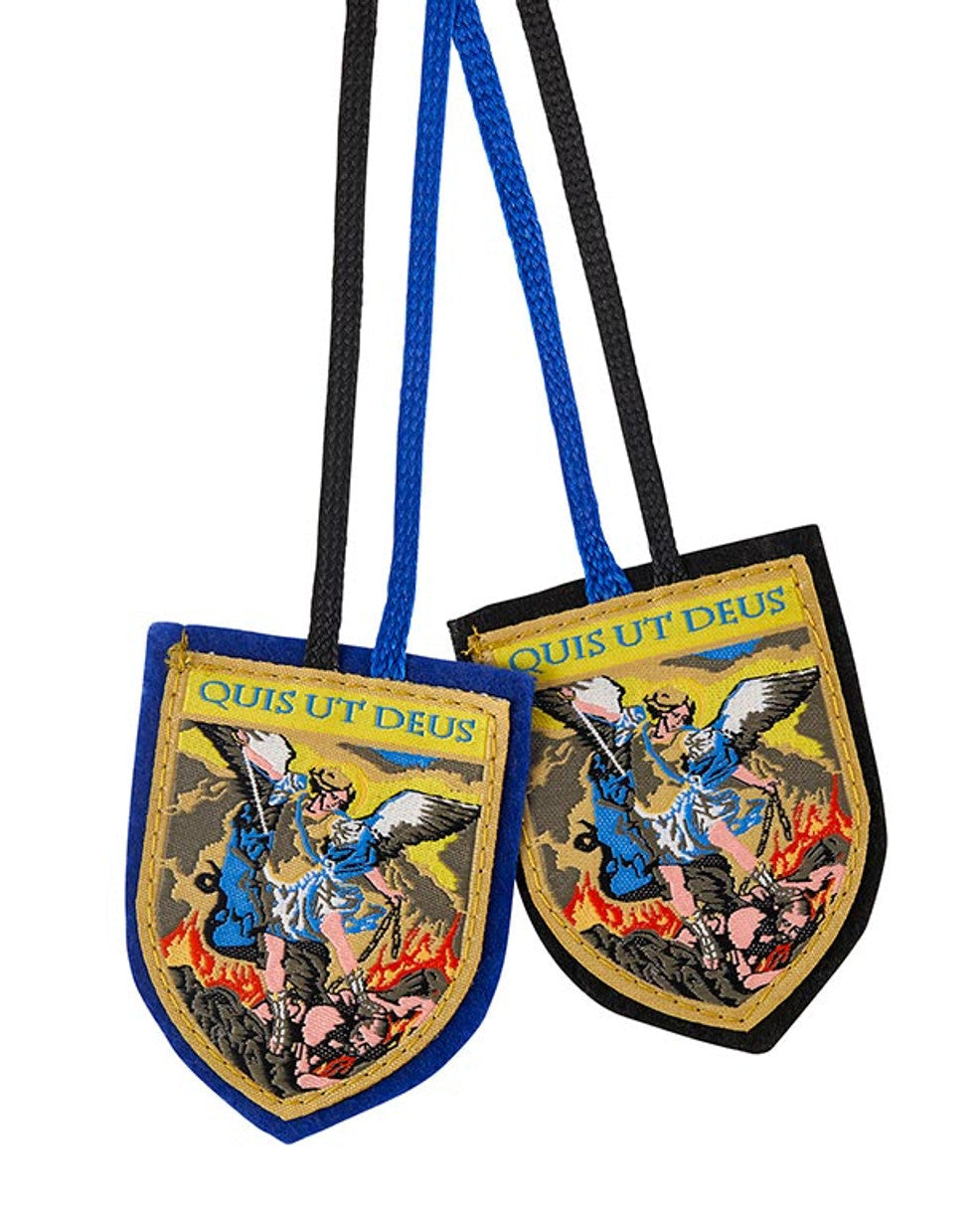 Two embroidered scapulars featuring an image of St. Michael archangel trampling on the devil, with blue and black straps.