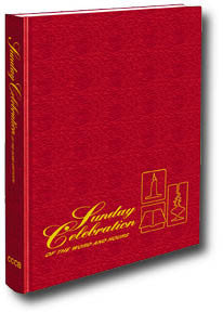 A red hardcover ritual book titled 'Sunday Celebration of the Word & Hours' with gold text and a graphic of a chalice and host on the cover.