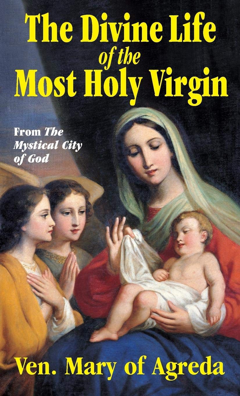 Book cover of 'The Divine Life of the Most Holy Virgin' featuring an illustration of the Virgin Mary holding the baby Jesus, with two other children present.