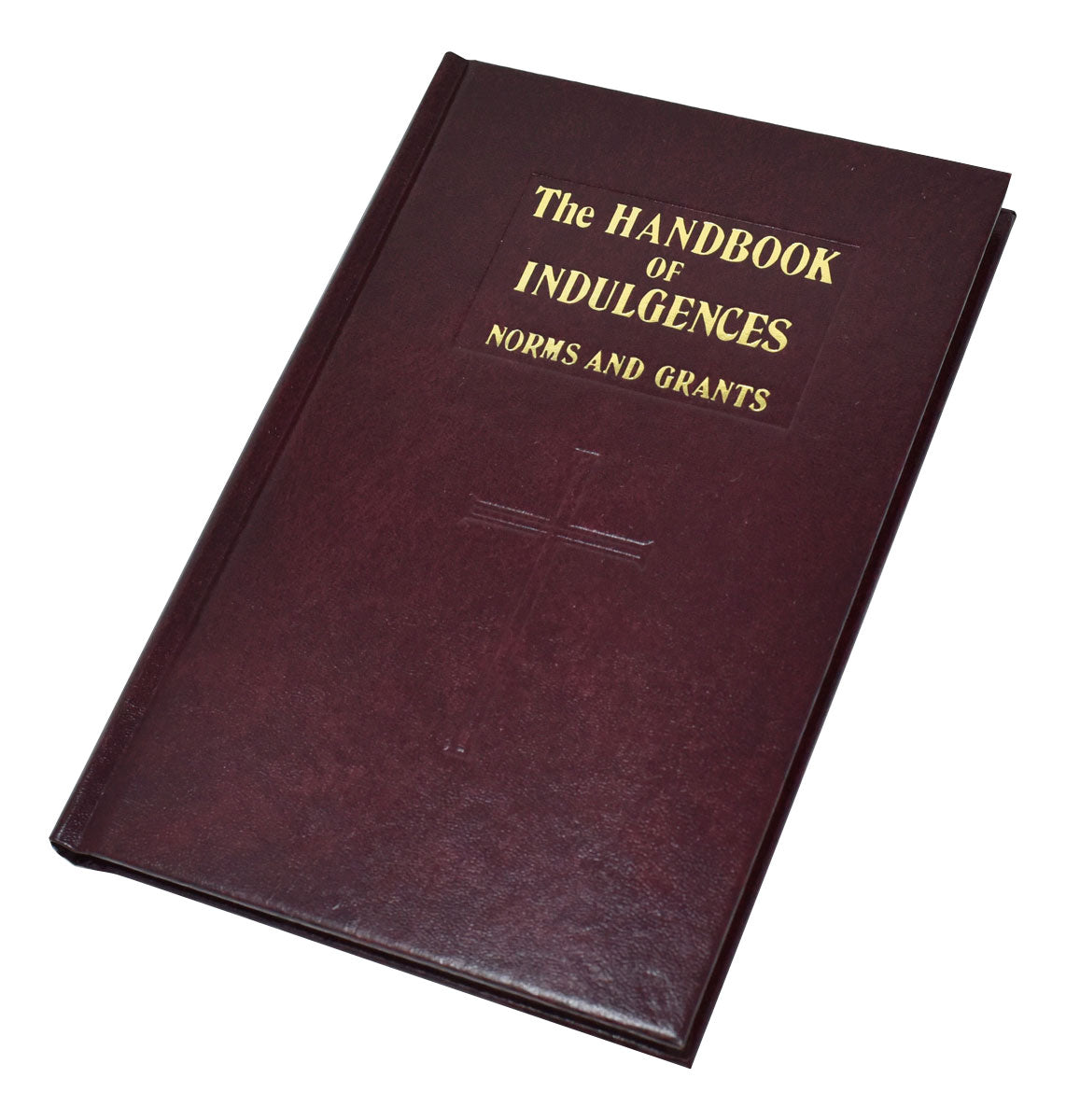 The image shows a hardcover edition of 'The Handbook of Indulgences' with a burgundy leather cover and gold lettering.