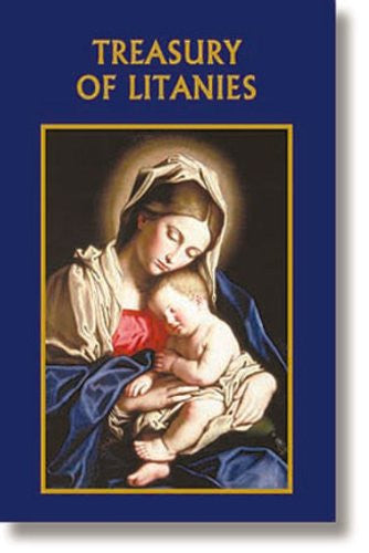 The cover of a prayer book titled 'Treasury of Litanies' featuring an image of the Virgin Mary holding baby Jesus.