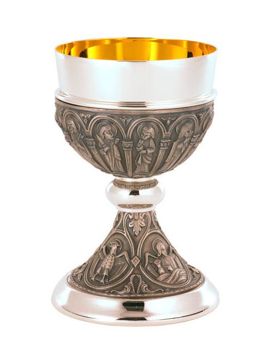 A sterling silver chalice with a 24K gold plated base, featuring intricate designs depicting the 12 apostles and symbols for the 4 evangelists.