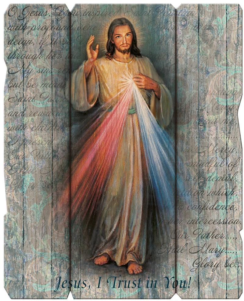 A vintage style plaque featuring a depiction of Jesus with a red, white, and blue banner, and text surrounding it.