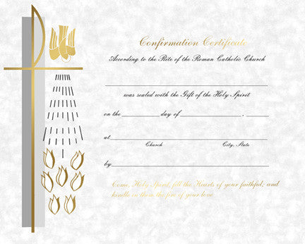 A confirmation certificate with a cross and floral design, featuring text that includes the name of the recipient, the date, and a prayer.