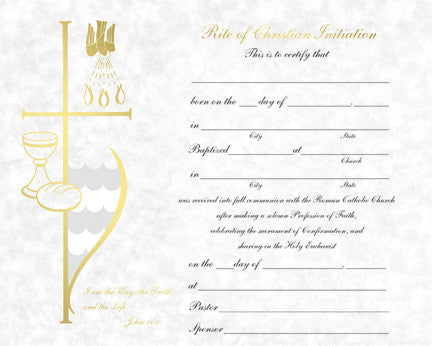 A sample image of a RCIA (Rite of Christian Initiation) certificate with a cross and religious symbols, indicating it is a formal document for baptism or confirmation.