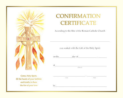 A confirmation certificate featuring a gold cross and a radiant yellow sunburst design, with a white background and printed text.