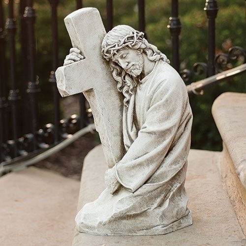 Jesus Holding Cross Outdoor Statue 17.75"