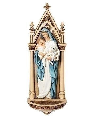 A resin statue of the Madonna and Child, used as a holy water font and rosary holder.