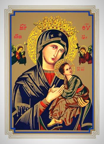 A printed image of Our Lady of Perpetual Help, a religious icon, with a graphic of a cross and small depiction of Jesus and Mary in the background.