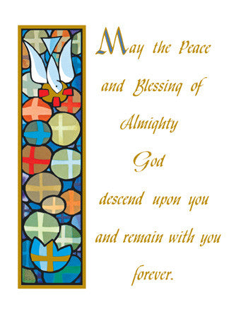 Religious mass card featuring a colorful stained glass design with a cross and a dove, along with text from the Bible.