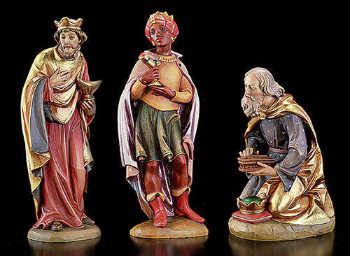 A hand-crafted European-designed Nativity scene featuring figures of the Holy Family made from resin or stone mix, with the tallest figure being 32 inches in height. The set includes representations of Joseph, Mary, and baby Jesus.