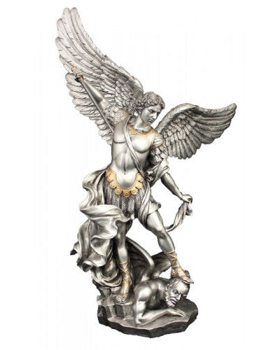 A 14.5 inch bronze statue of the archangel Michael with a black base, holding a sword and standing atop a fiery design.