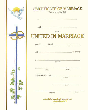 A formal-looking marriage certificate with a cross and the text 'United in Marriage' on the top. The certificate has a white background with blue decorative borders and text.
